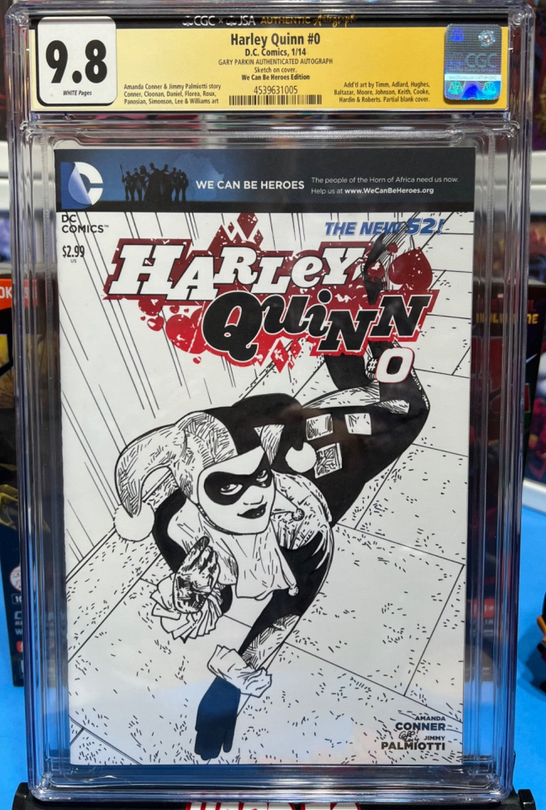 9.8 CGC JSA HARLEY QUINN #0 HEROES EDITION SIGNED & SKETCHED GARY PARKIN OA