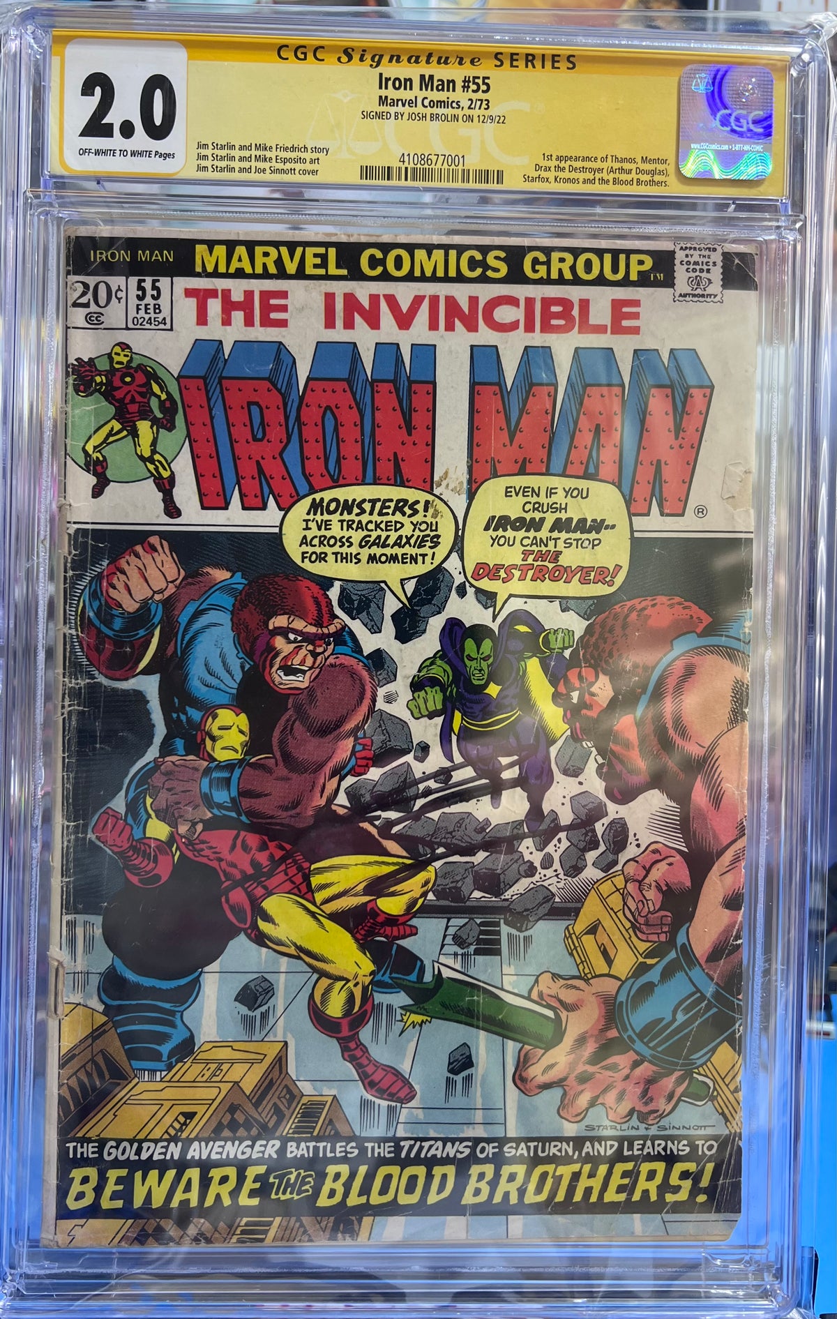 2.0 CGC IRON MAN #55 (1973) 1ST APP THANOS - SIGNED BY JOSH BROLIN